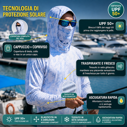 Felpa da Pesca Anti-UV UPF 50+ con Passamontagna Integrato